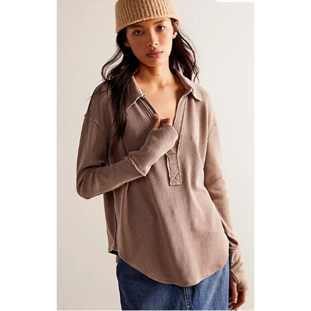 Free People We The Free Anakin Thermal Top Women Sz M‎ Brown Tan Collar Casual